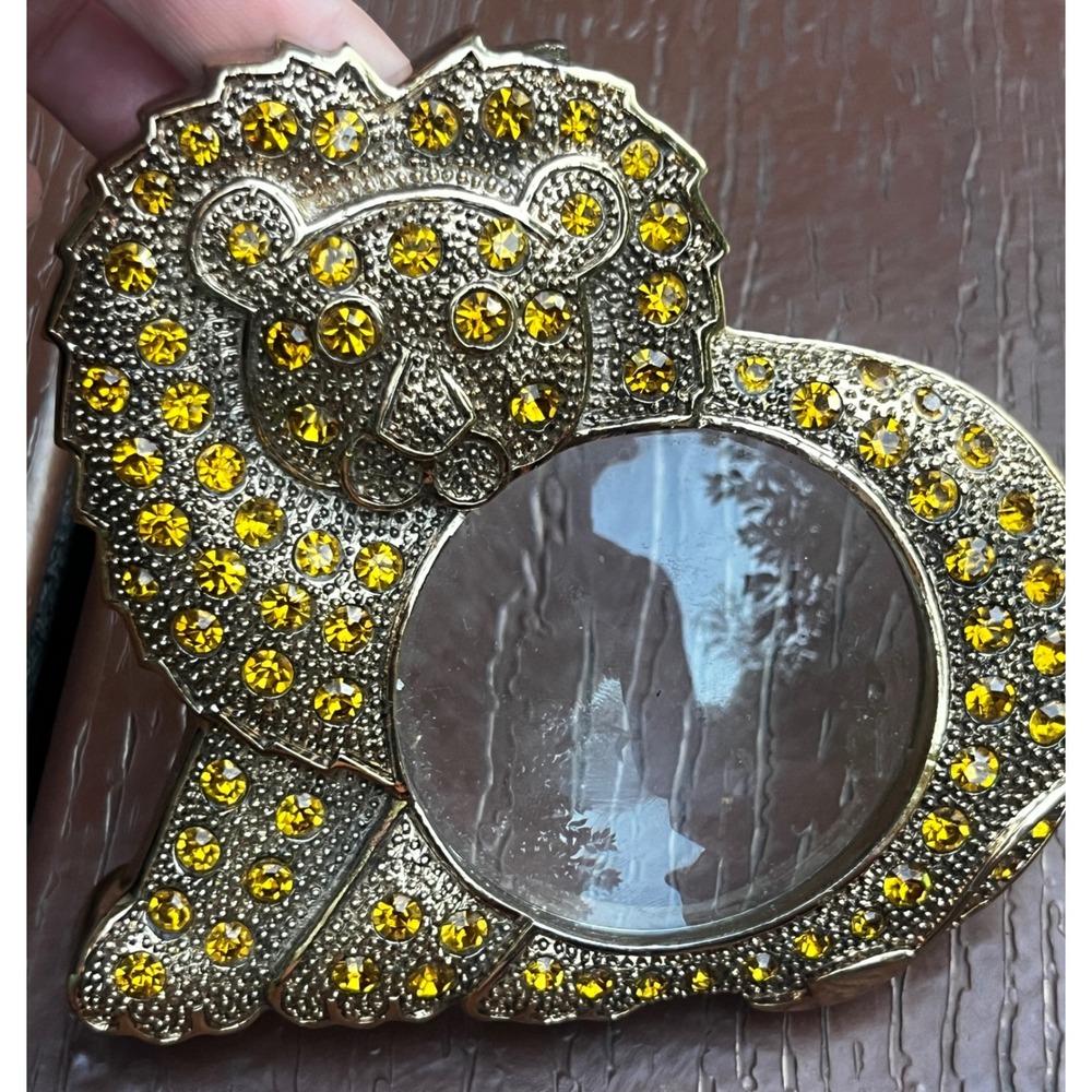TWA Vintage Gold Tone Rhinestone Lion Picture Frame Amber Jeweled Small 4 Inch